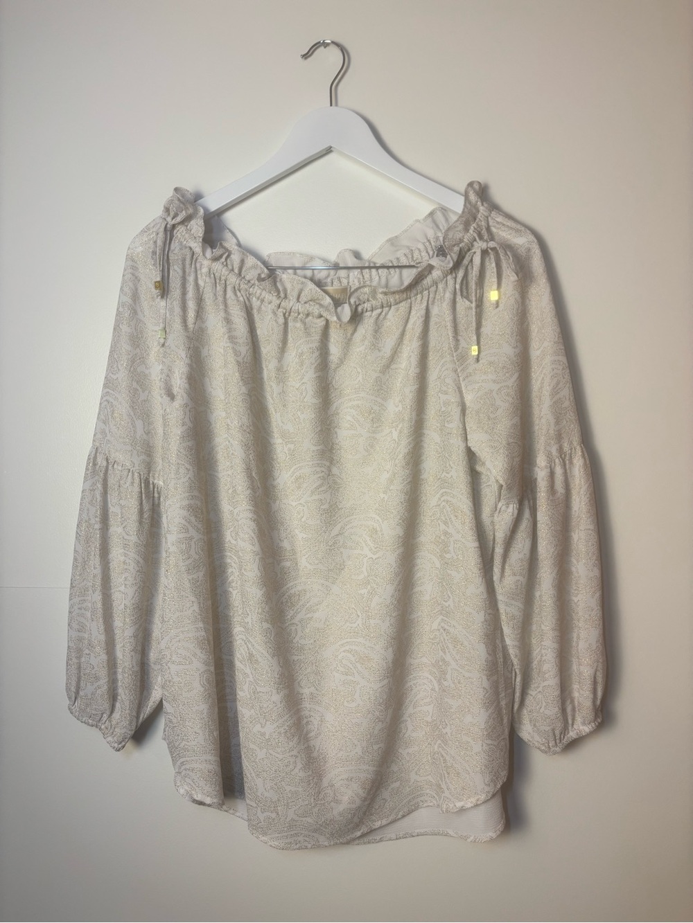 Michael Kors Cream & Metallic Gold Paisley Printed Peasant Style Blouse, L